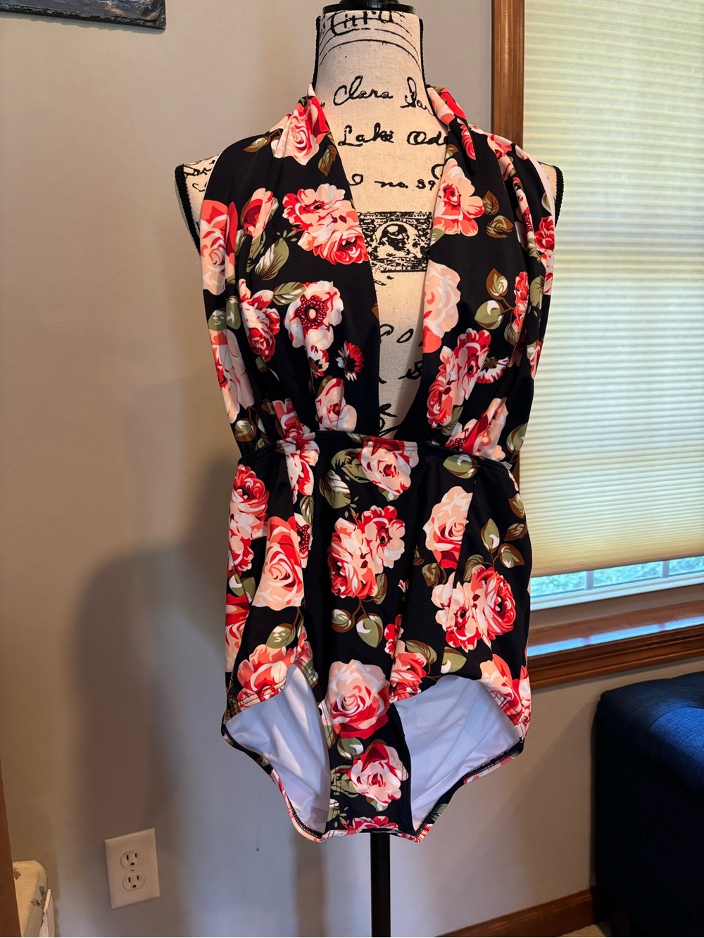 Floral Black One-Piece Swimsuit with Pink Rose Print